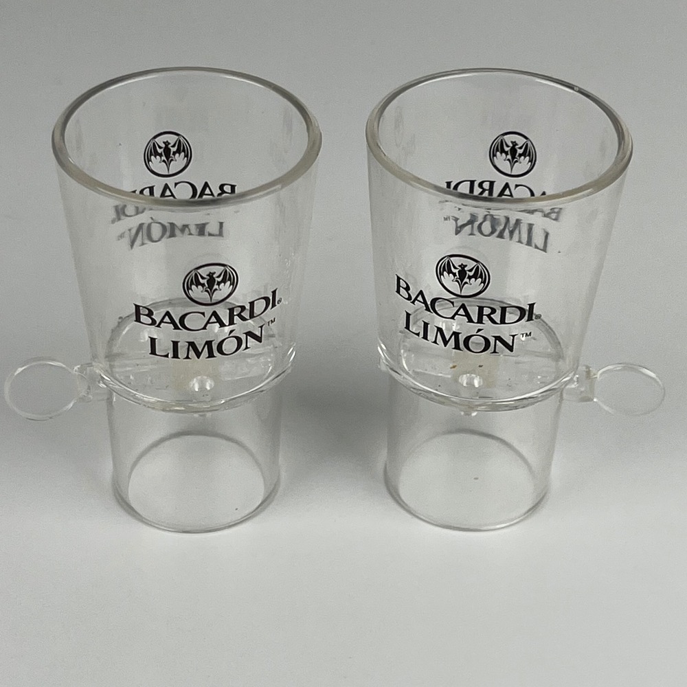 Bacardi‎ Limon Plastic Bomb Shot Glasses Set of 2 Clear Acrylic Pull Tab Barware